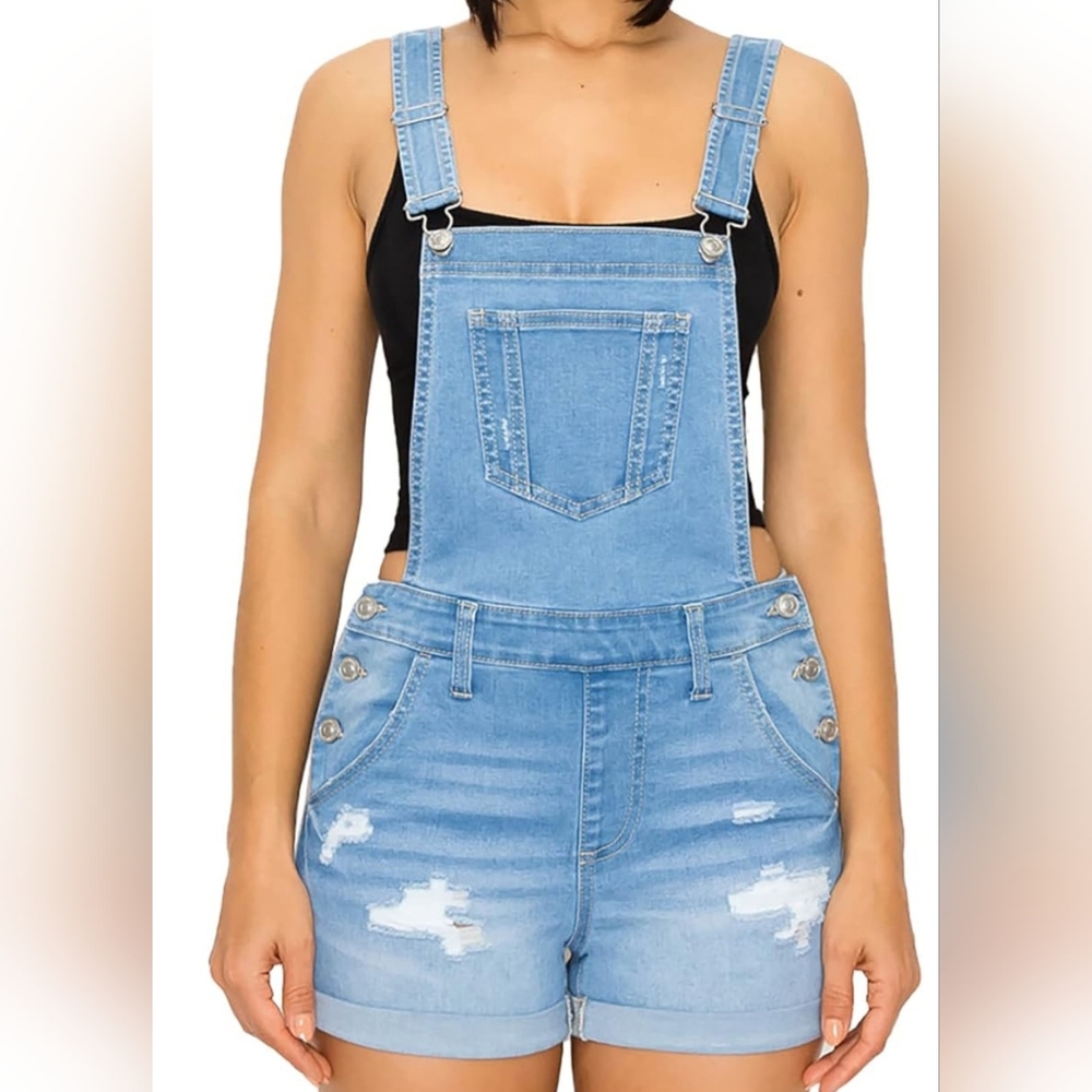 Wax Jean Light Blue Distressed Denim Women’s Short Overalls